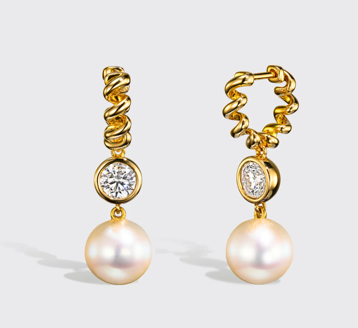 PEARL AND DIAMOND YELLOW GOLD BEACHING DROP HUGGIE EARRINGS