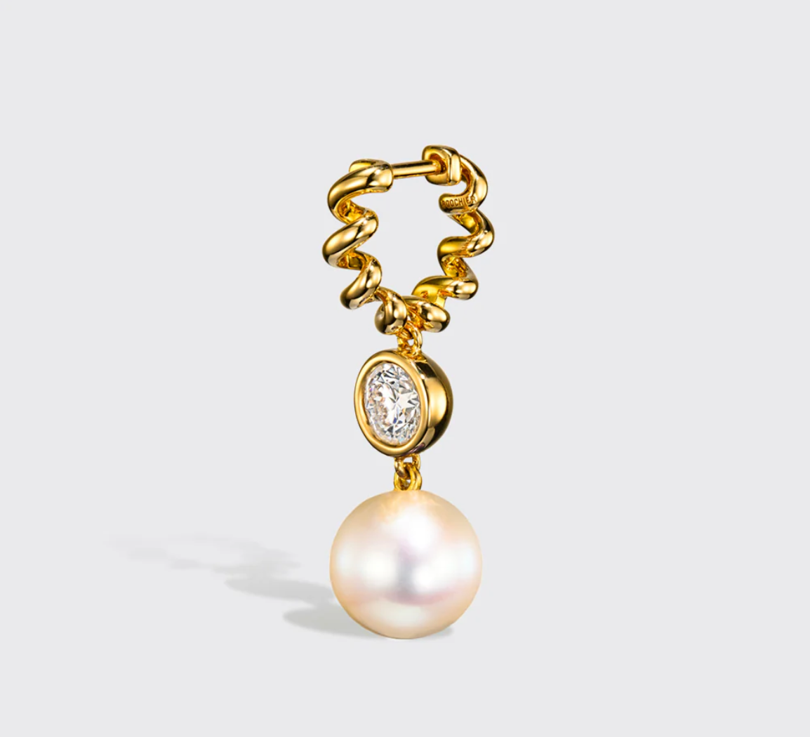 PEARL AND DIAMOND YELLOW GOLD BEACHING DROP HUGGIE EARRINGS