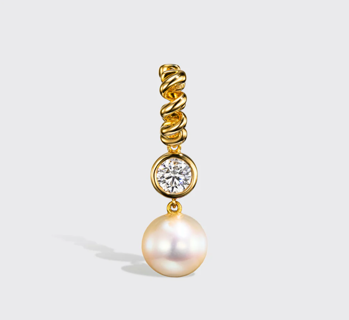 PEARL AND DIAMOND YELLOW GOLD BEACHING DROP HUGGIE EARRINGS