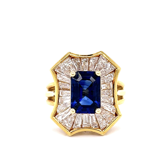1970s 18K Yellow Gold Sapphire & Baguette Diamond Ring