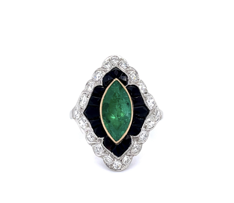 Vintage French Marquise Emerald, Diamond, and Onyx Handmade Ring