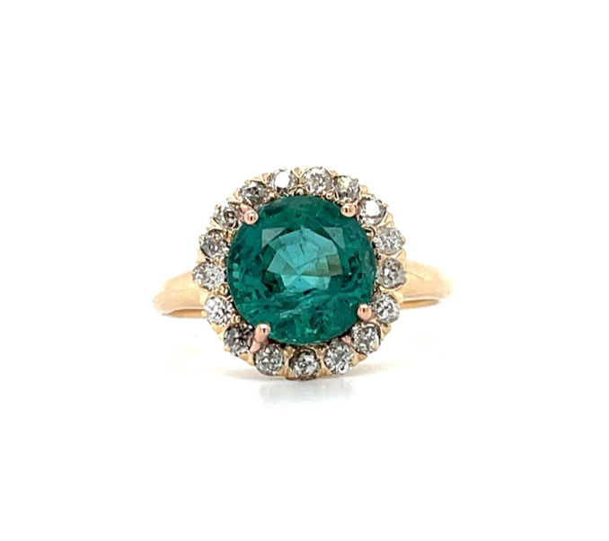 Antique 1890s Emerald & Diamond Halo Ring in 18K Gold