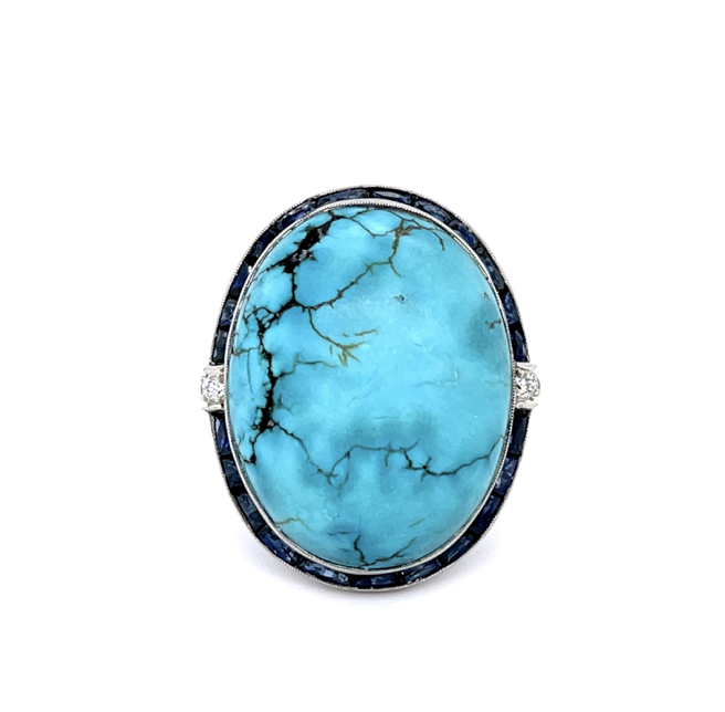 Vintage Platinum Turquoise, Sapphire, and Diamond Ring