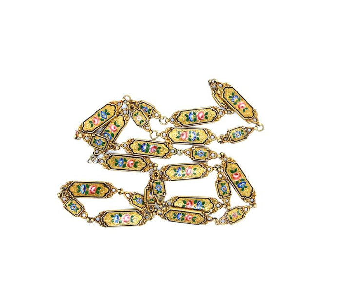 Victorian 15K Gold Painted Enamel Floral Necklace, England, Circa 1860s