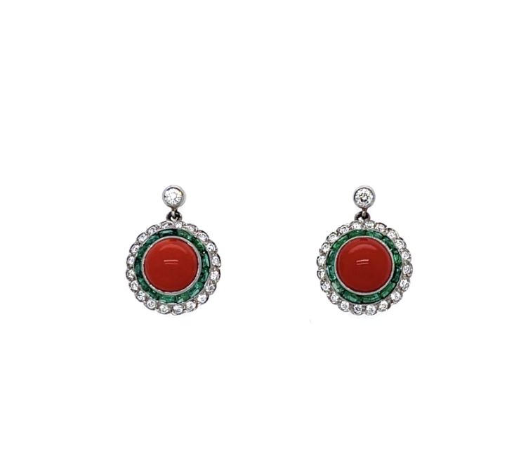 Vintage Coral, Emerald, and Diamond Earrings