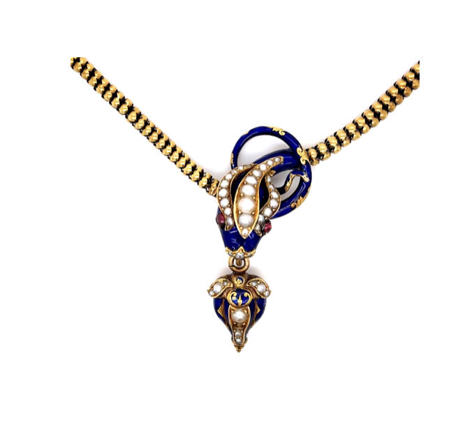 Antique Victorian Enamel and Natural Pearl Snake Necklace, Circa 1880s