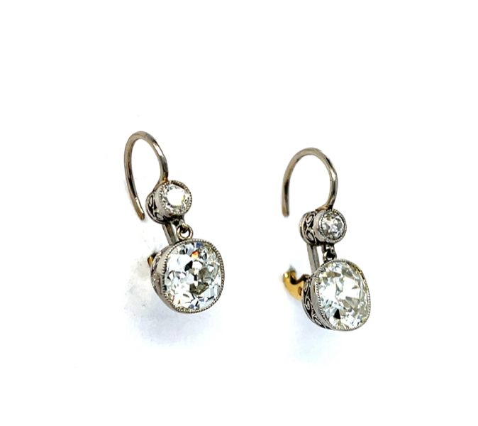 Platinum & Yellow Gold Old Mine Cushion Diamond Dangle Earrings