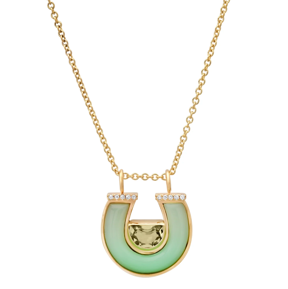 14K Yellow Gold Prasolite, Chrysoprase and Diamond Horseshoe Necklace