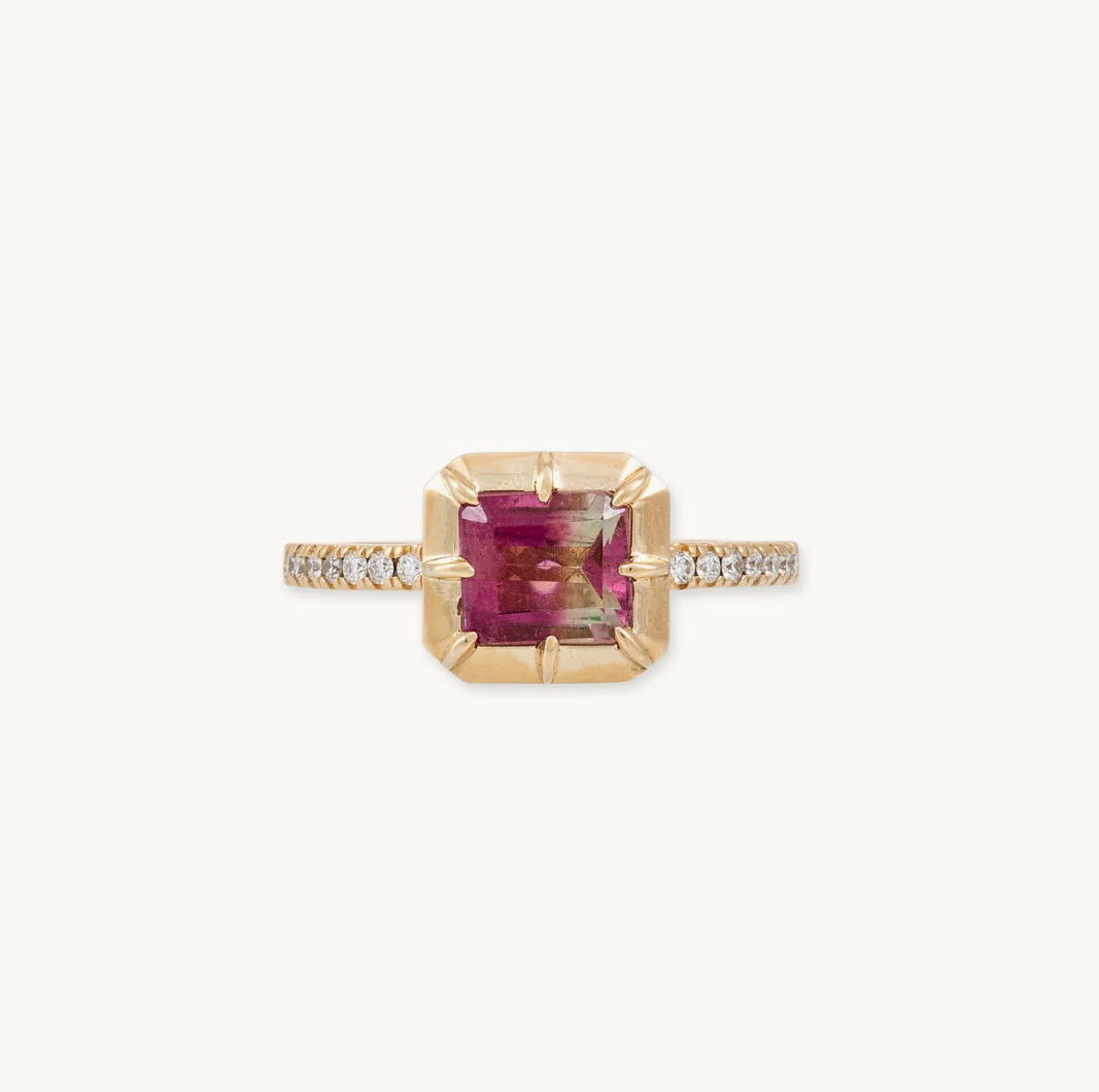 Ombre Pink Tourmaline Baguette Sophia Bezel Pave Ring