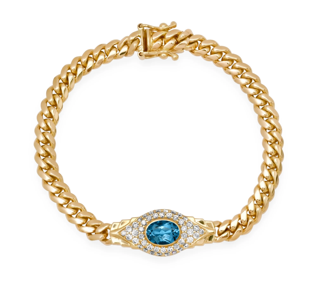 14k Gold Diamond and Gemstone Jumbo Evil Eye 2.0 Miami Cuban Link Bracelet