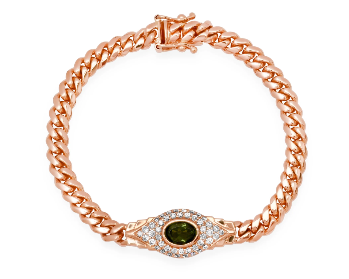 14k Gold Diamond and Gemstone Jumbo Evil Eye 2.0 Miami Cuban Link Bracelet