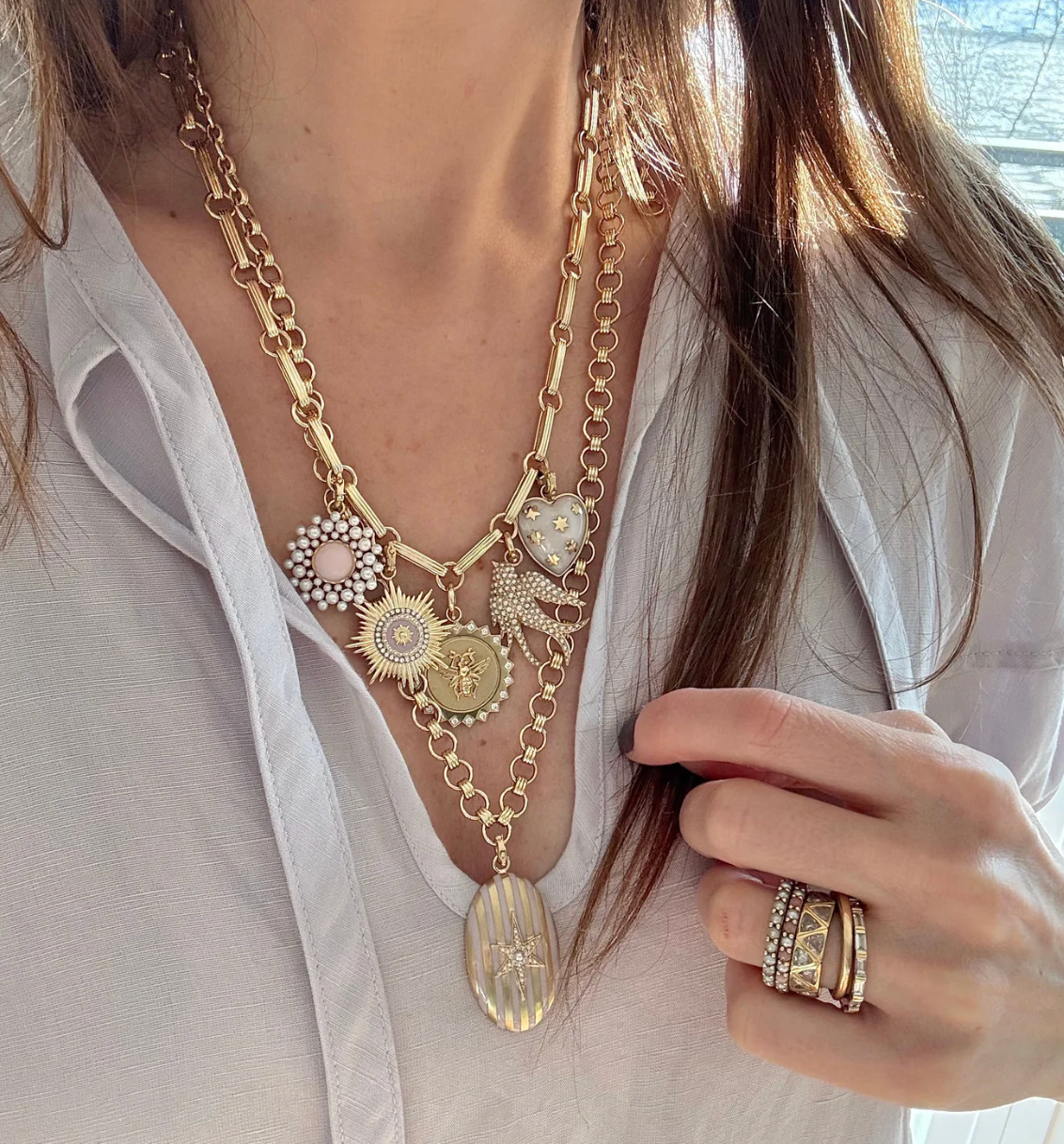 14K Gold Pearl Diamond & Light Pink Enamel Lillian Locket
