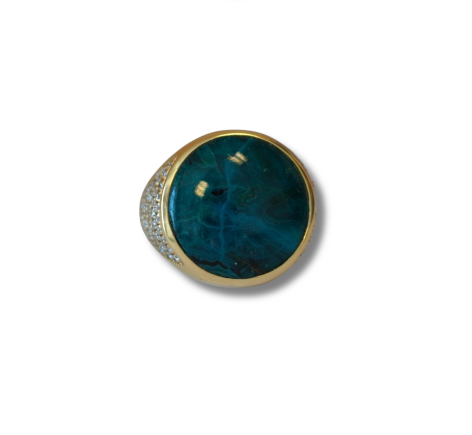 Large Round Chrysocolla Pave Diamond Sides Signet Ring