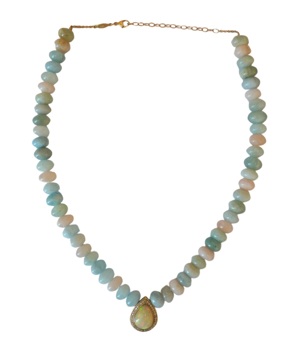 Pave Diamond Small Opal Teardrop Center Pastel Opal Beaded Necklace
