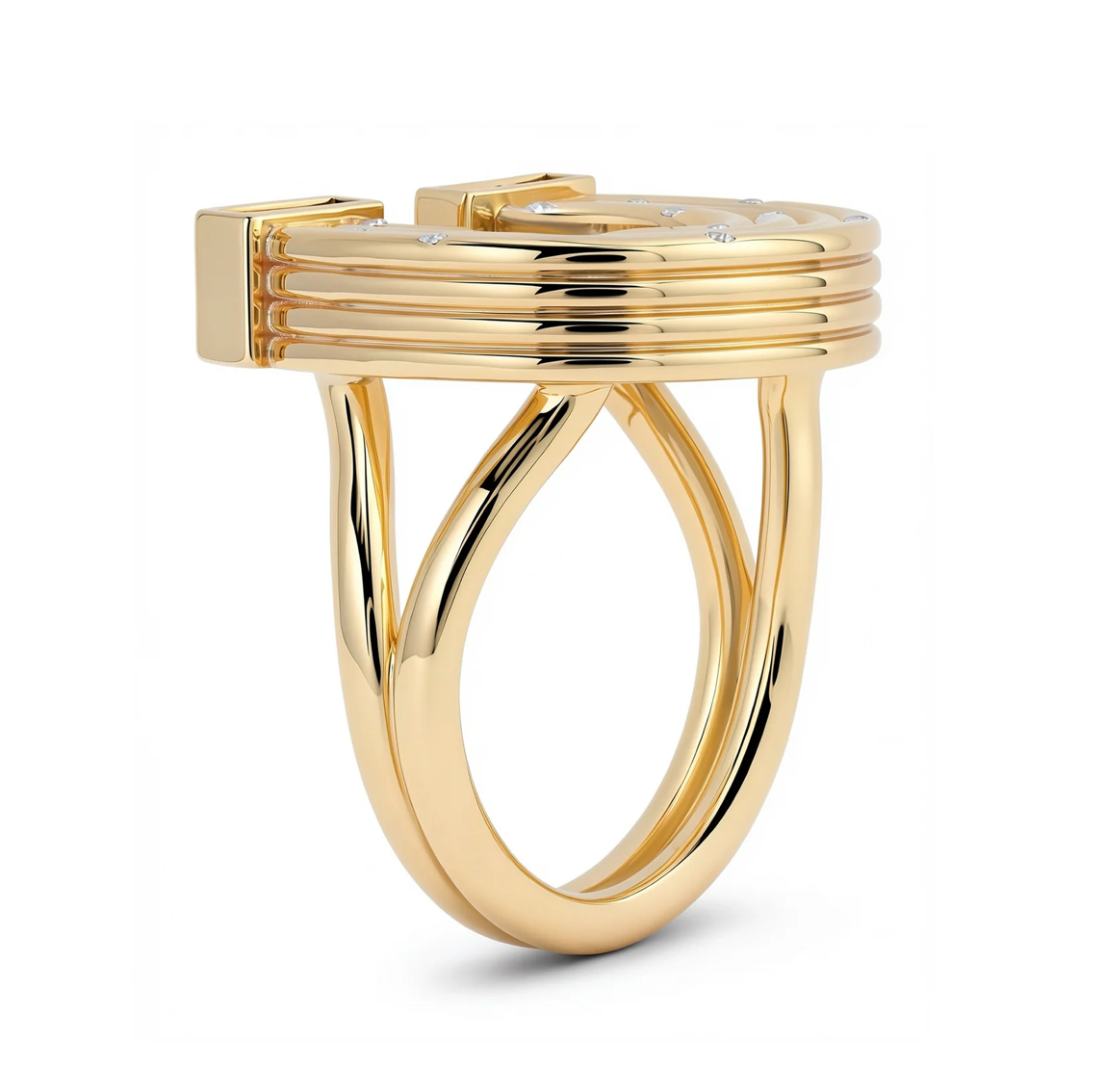 14K YG Reeded Gold And Baguette Diamond Horseshoe Ring