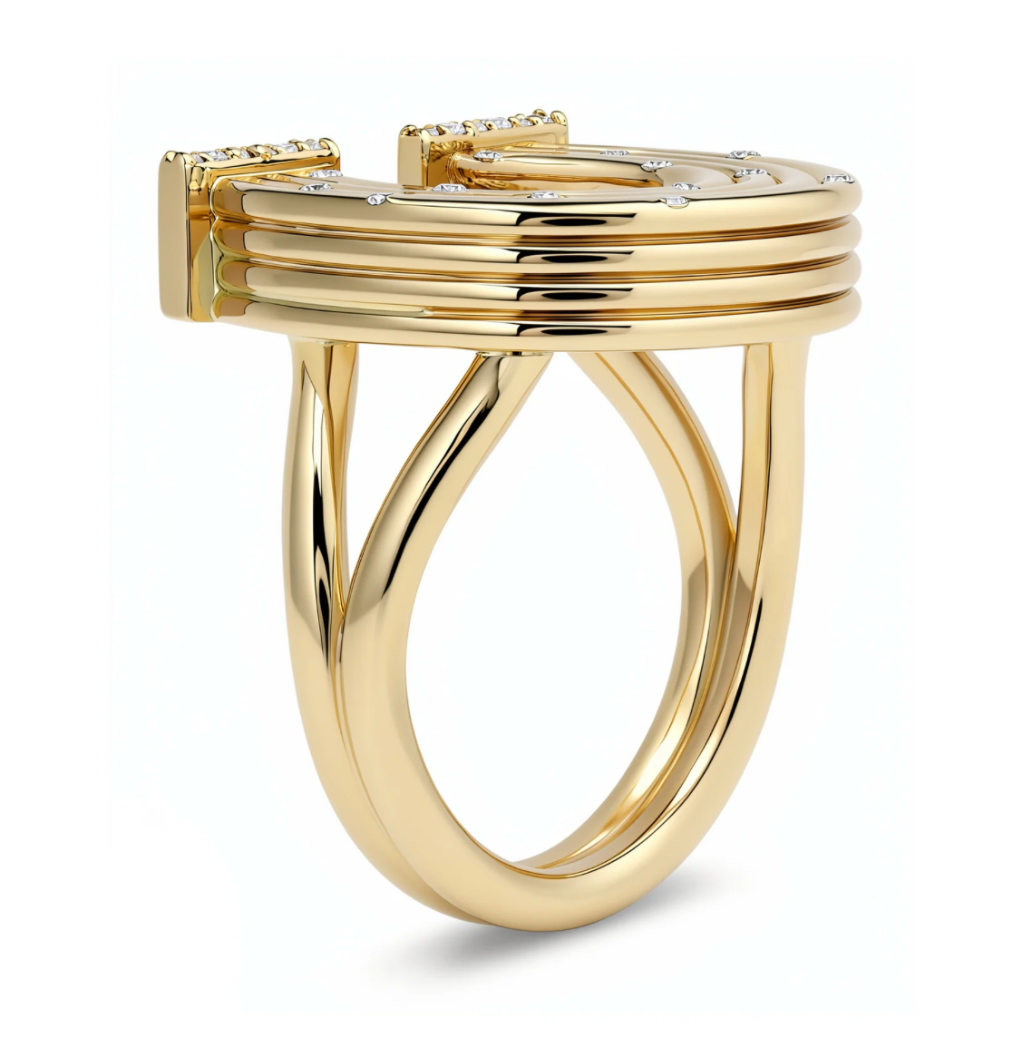 14K YG Reeded Gold And Diamond Horseshoe Ring