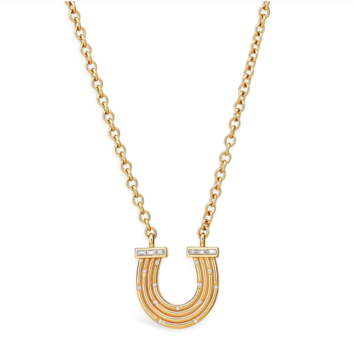14K YG Reeded Gold And Baguette Diamond Horseshoe Necklace