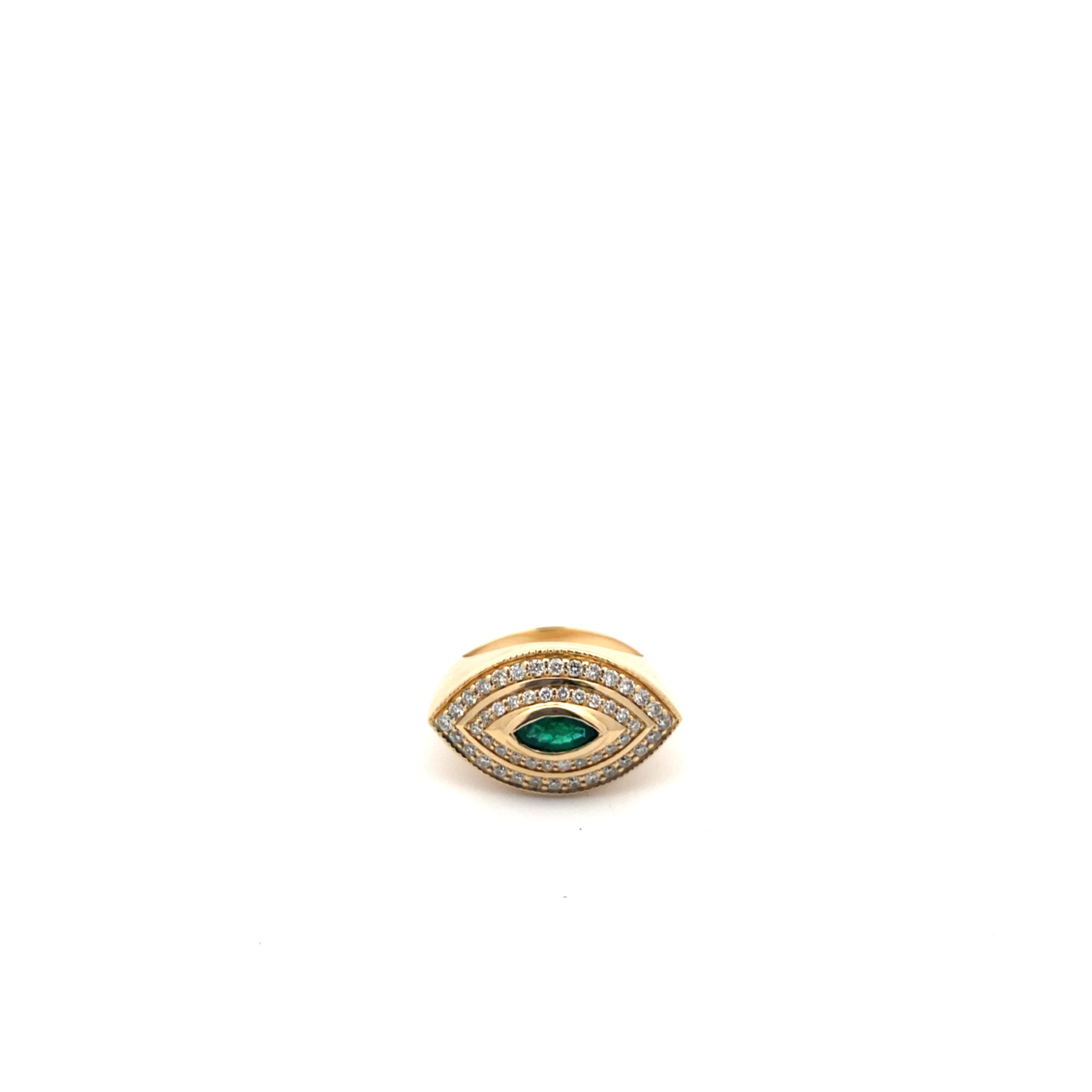 YELLOW GOLD LARGE PAVE DIAMOND MARQUISE EMERALD HALO EYE RING