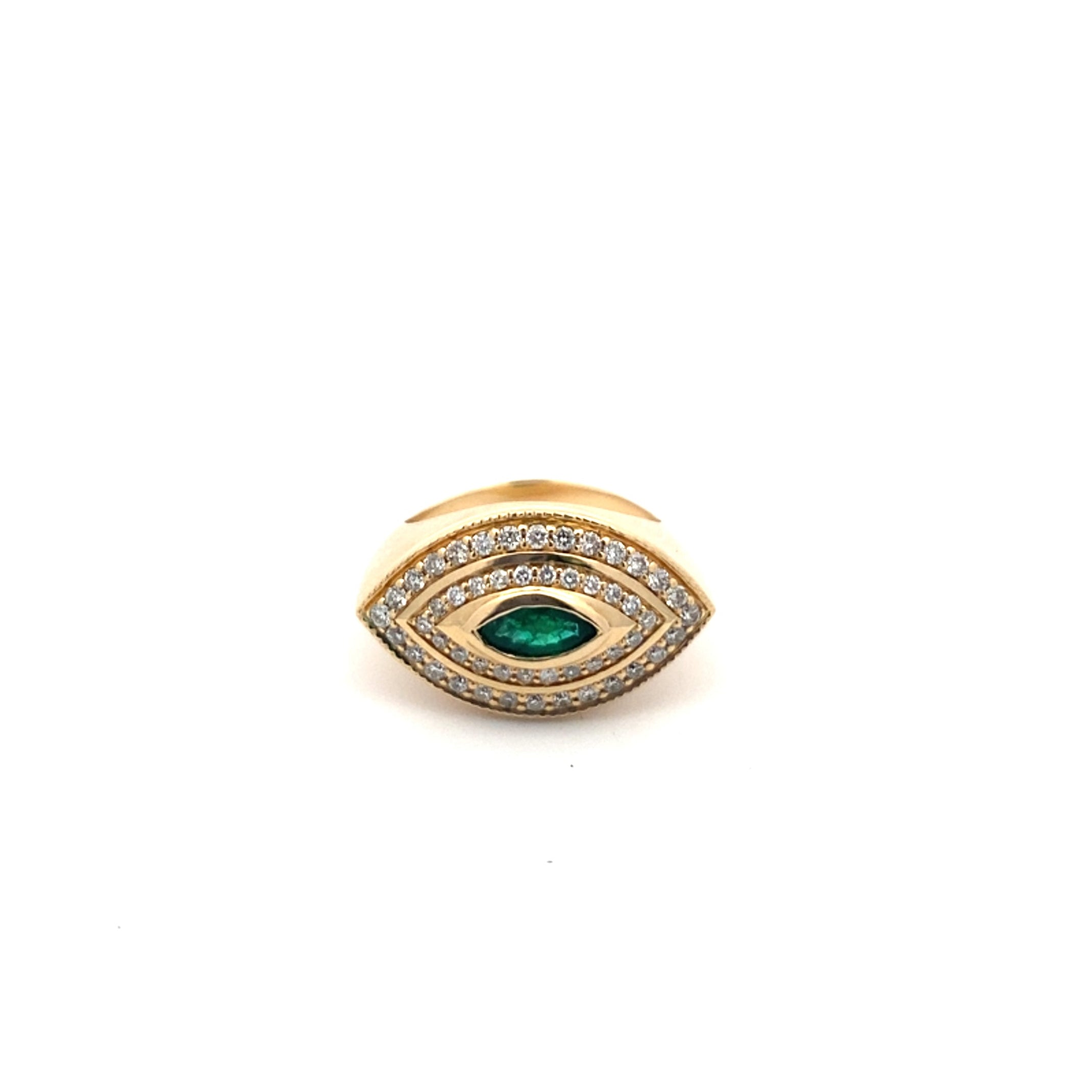 YELLOW GOLD LARGE PAVE DIAMOND MARQUISE EMERALD HALO EYE RING