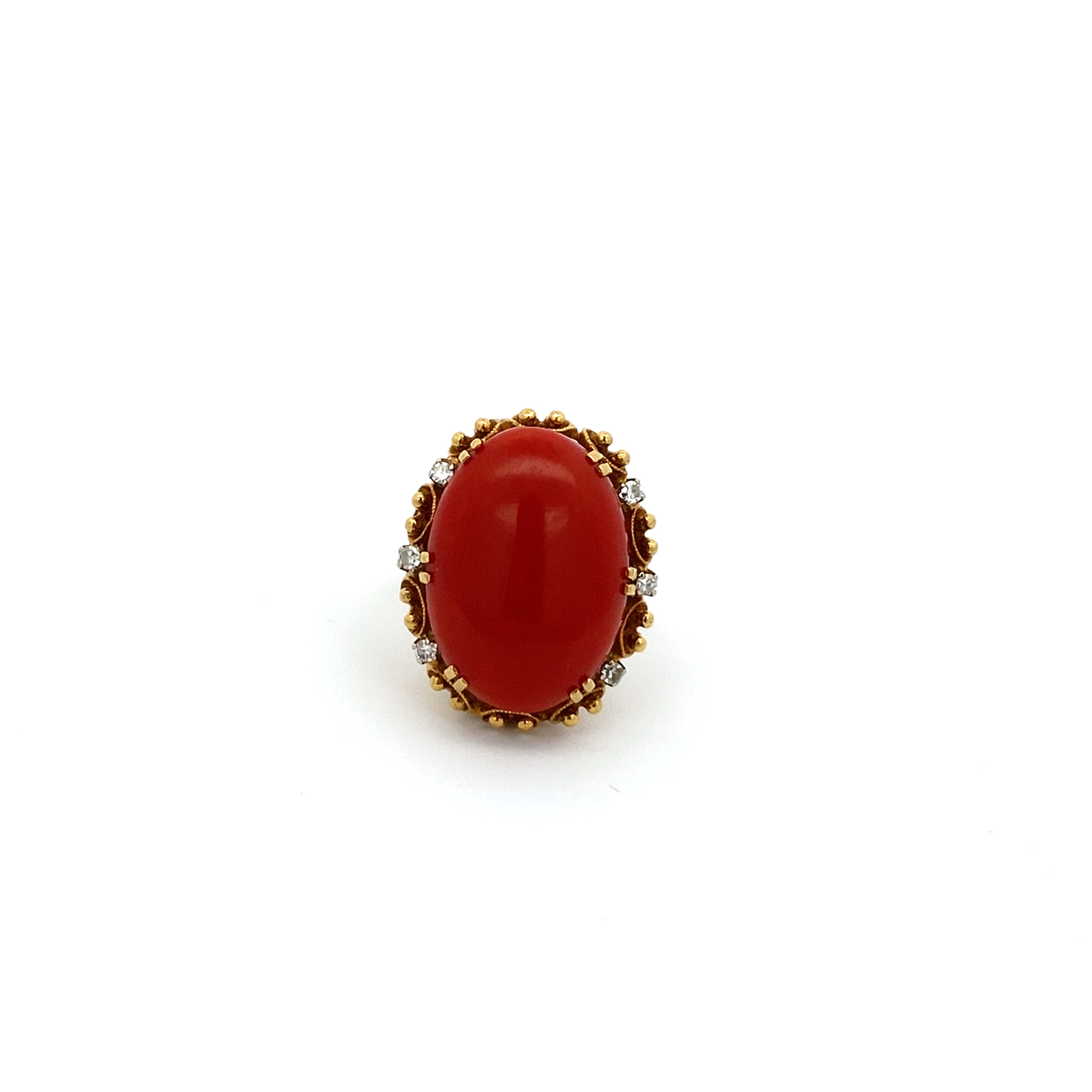 Vintage Coral and Diamond Ring in Gold Filigree Design