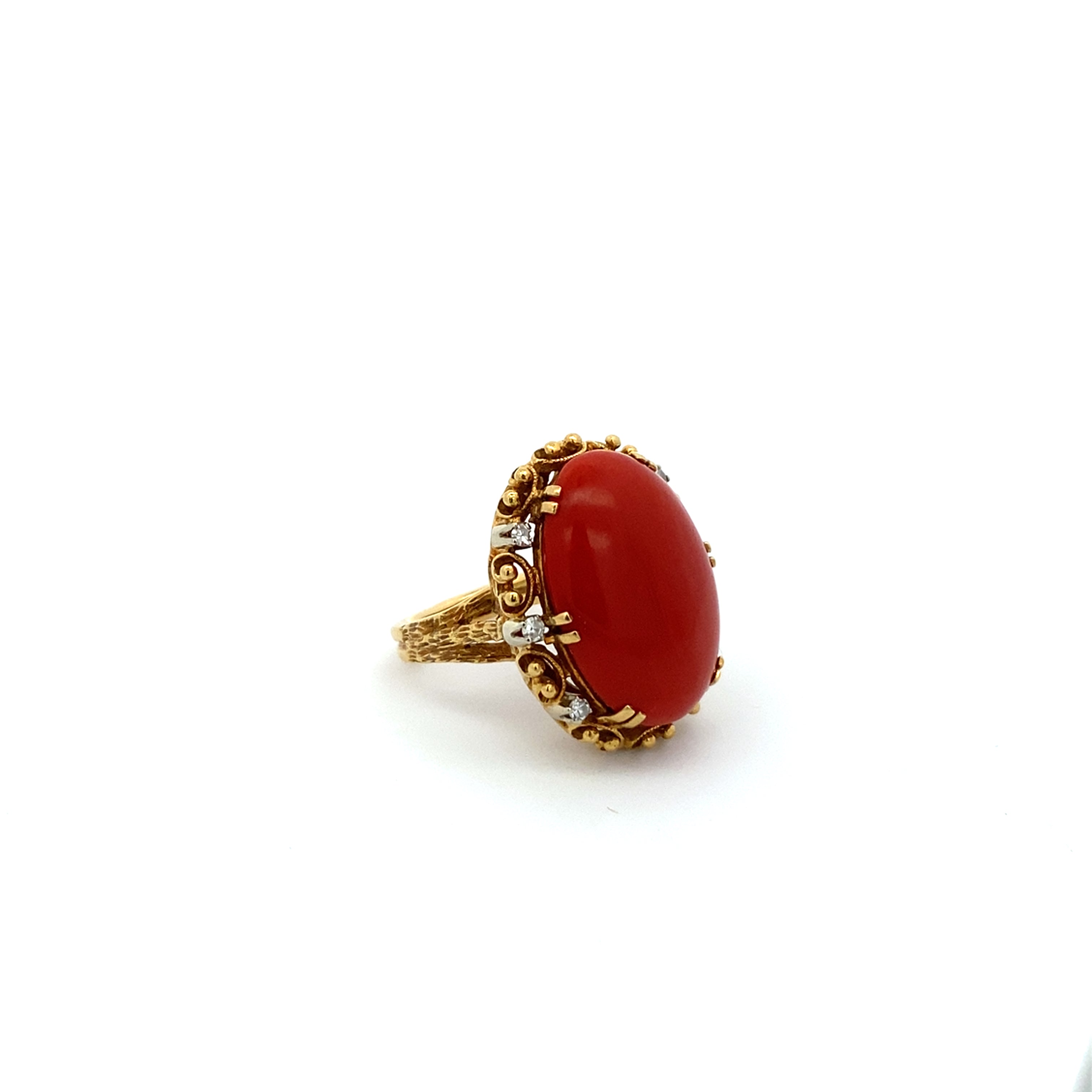Vintage Coral and Diamond Ring in Gold Filigree Design