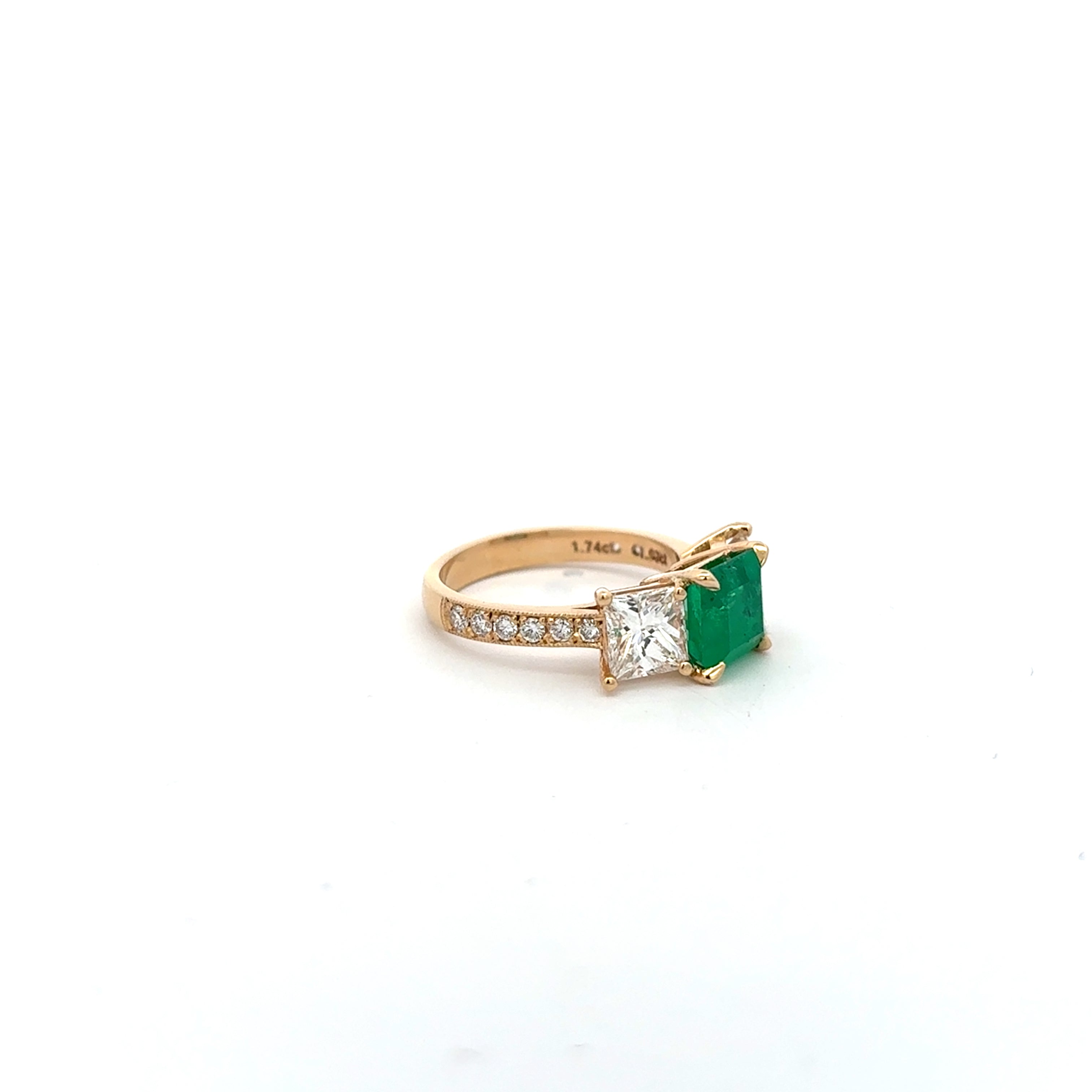 Vintage Colormbian Emerald and Princess Diamond Three Stone Ring