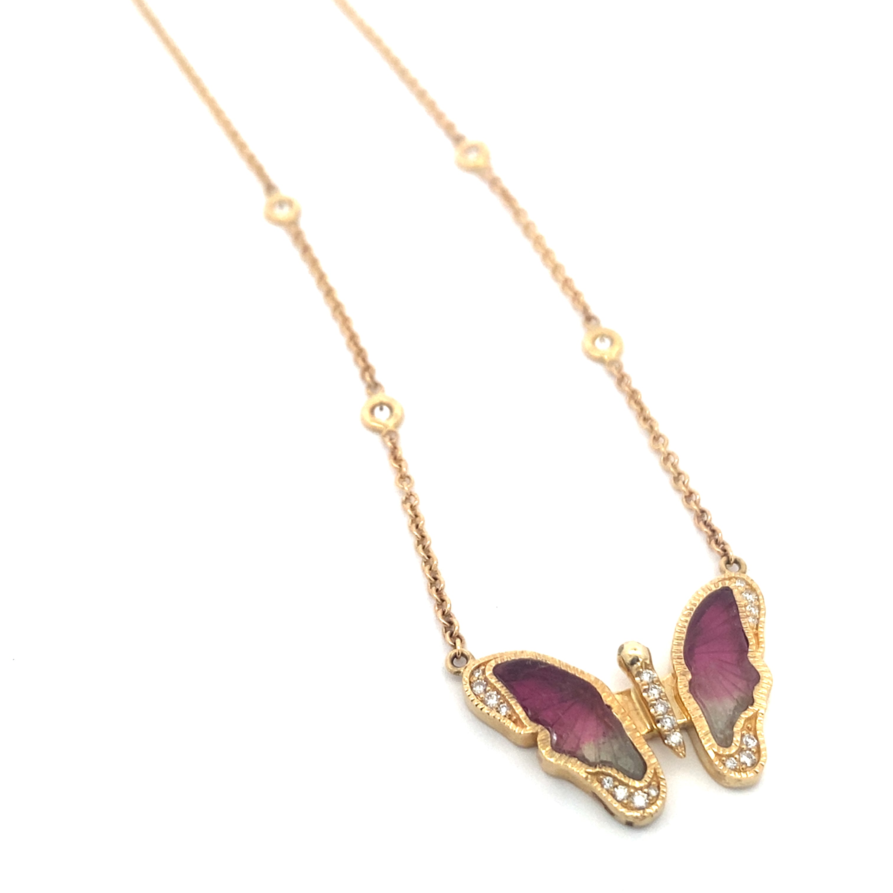 WATERMELON TOURMALINE PAVE CENTER BUTTERFLY DIAMOND NECKLACE
