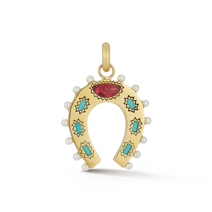 14K Gold Gemstone Holly Horseshoe Charm