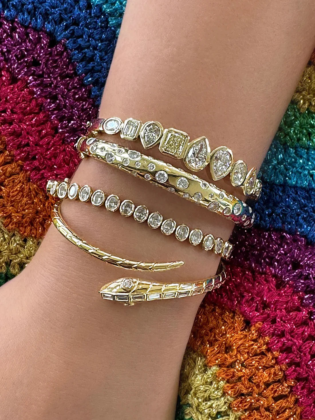 18K Yellow Gold Baguette Diamond Snake Bangle