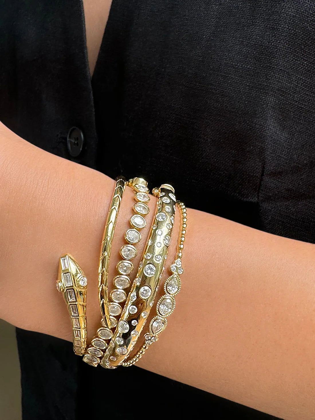 18K Yellow Gold Baguette Diamond Snake Bangle