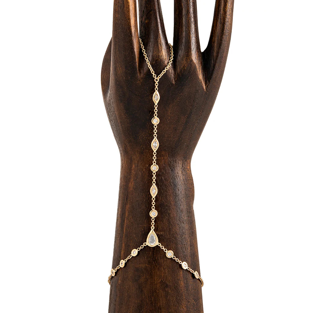 Rose cut teardrop diamond center round and marquise alternating finger bracelet