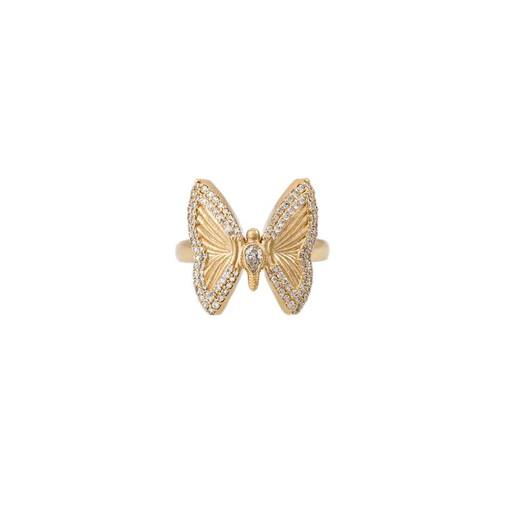Small Pave Teardrop Diamond Center Butterfly Ring