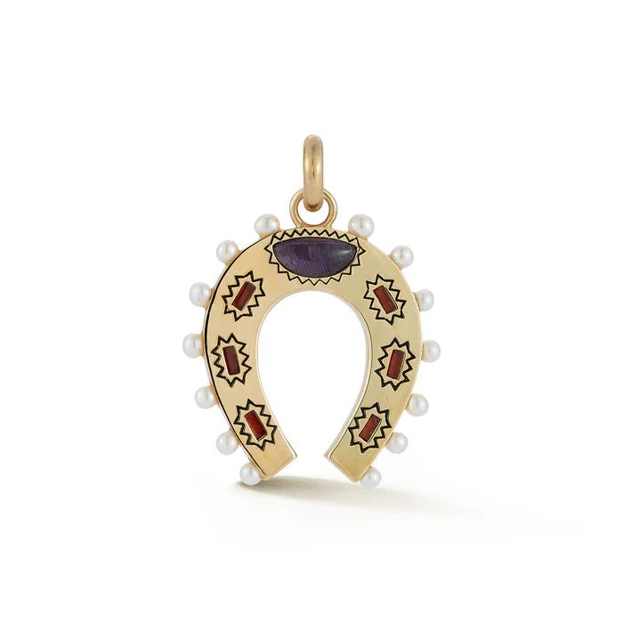 14K Gold Gemstone Holly Horseshoe Charm