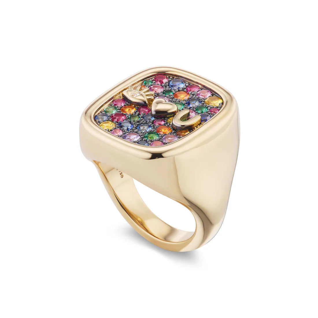 Eye Heart You Signet with Rainbow Pave & Rhodium