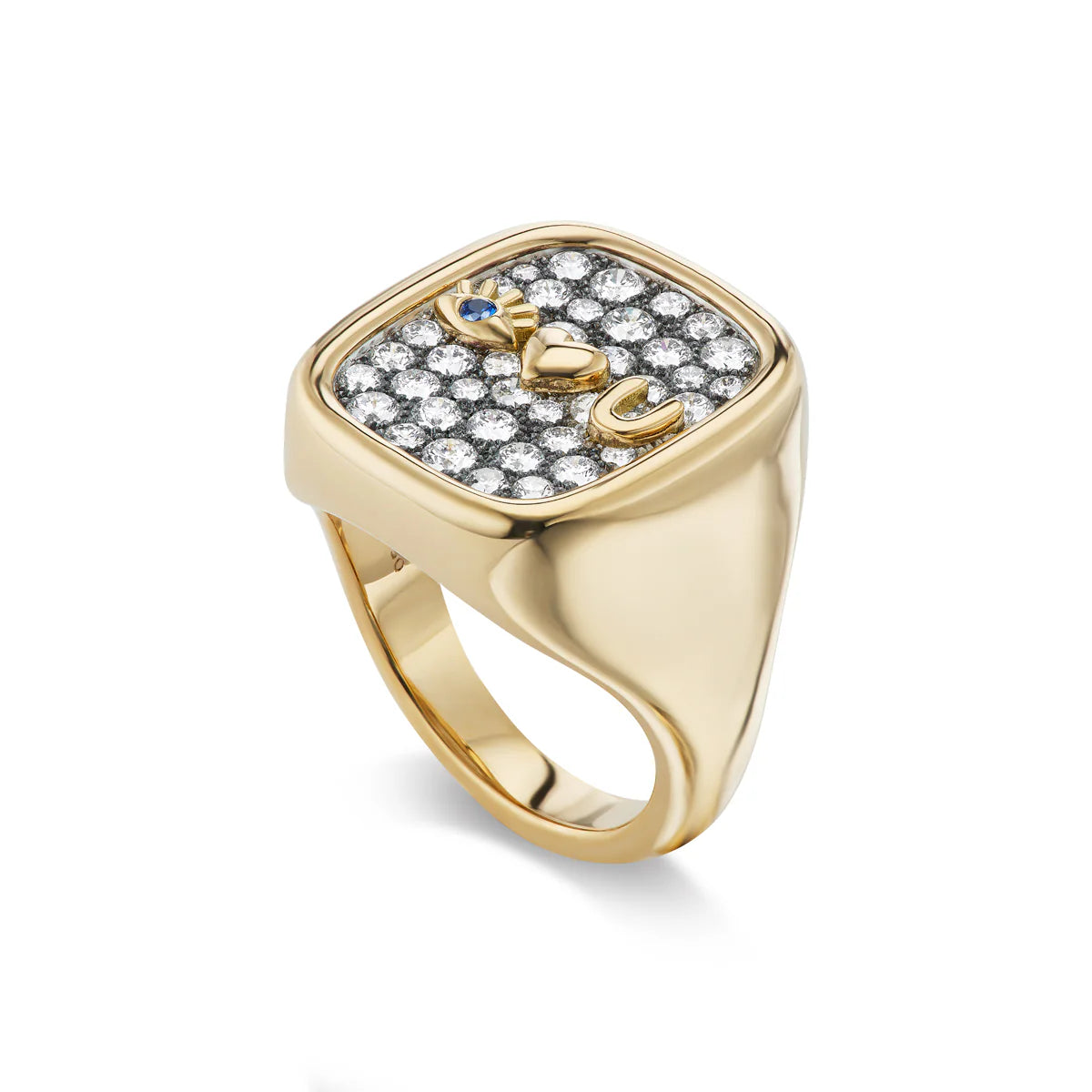 Eye Heart U Signet with Diamond Pave & Rhodium