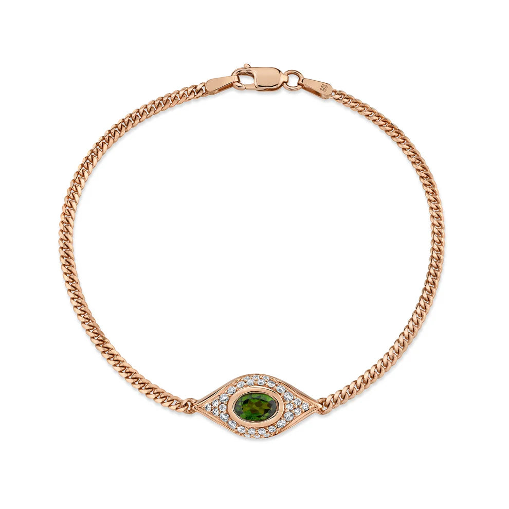 14K GOLD DIAMOND OVAL GEMSTONE EVIL EYE BRACELET