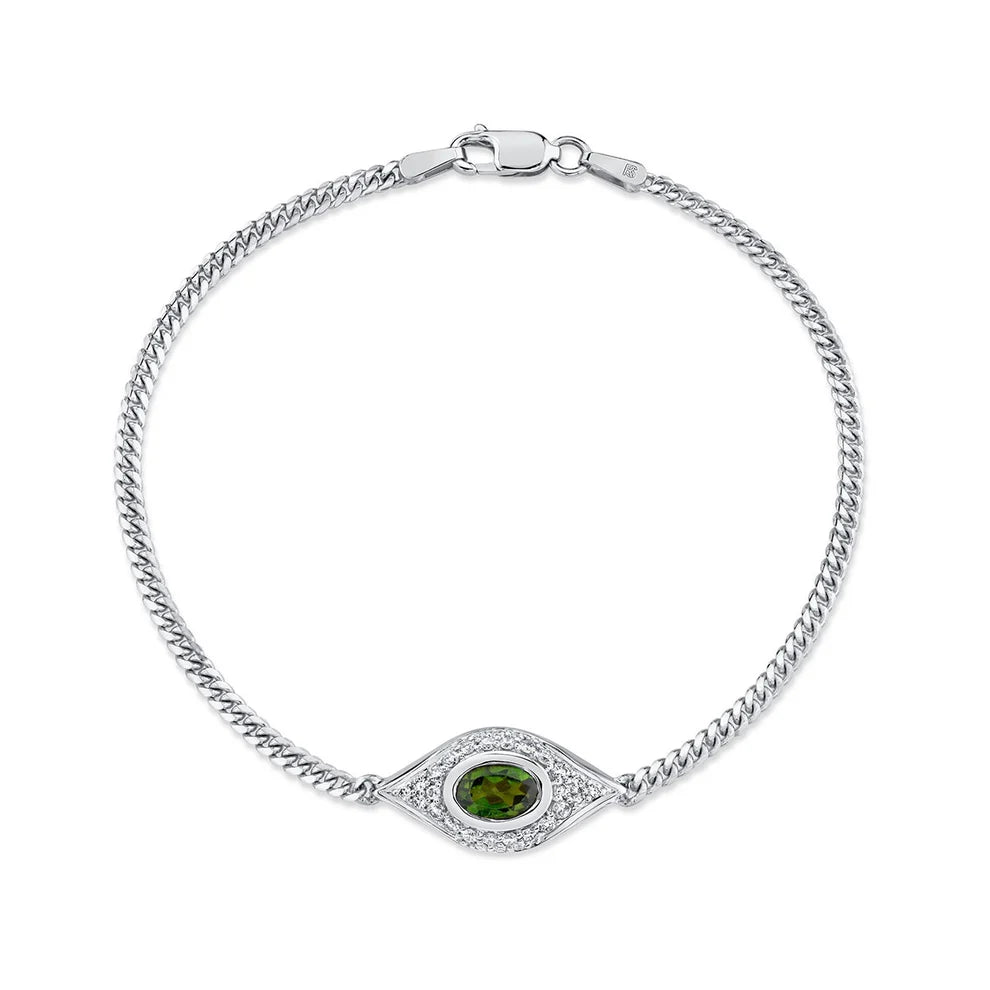 14K GOLD DIAMOND OVAL GEMSTONE EVIL EYE BRACELET