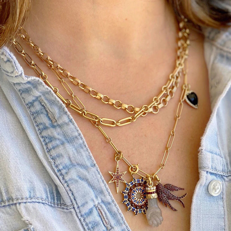 14K Gold Grey Moonstone, Garnet and Pearl Figa Charm