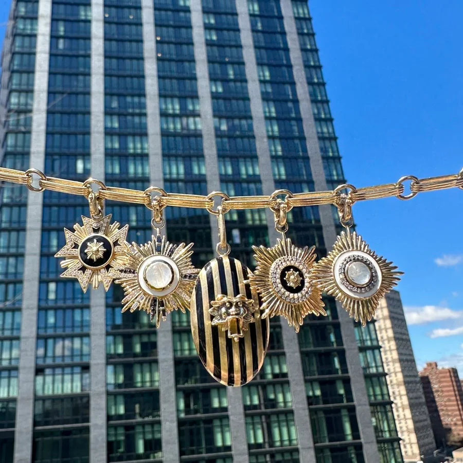 14K Gold Moonstone Diamond & Black Diamond Victoria Medallion