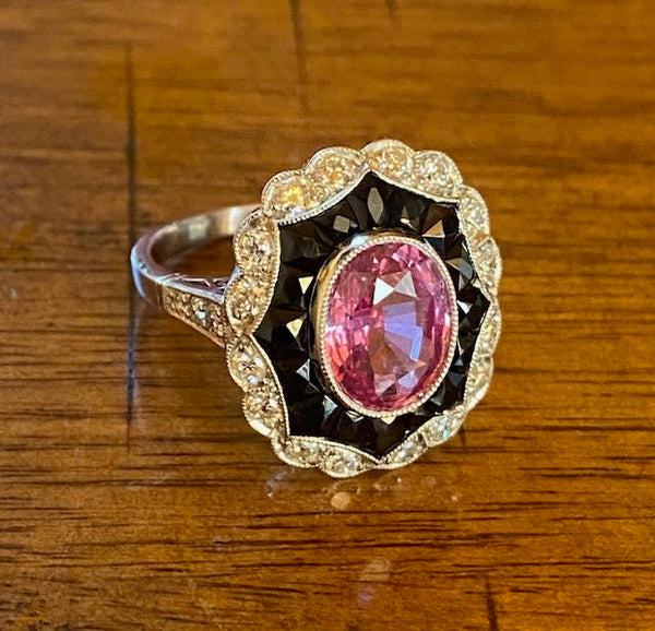 Vintage Pink Sapphire, Diamond, and Onyx Ring