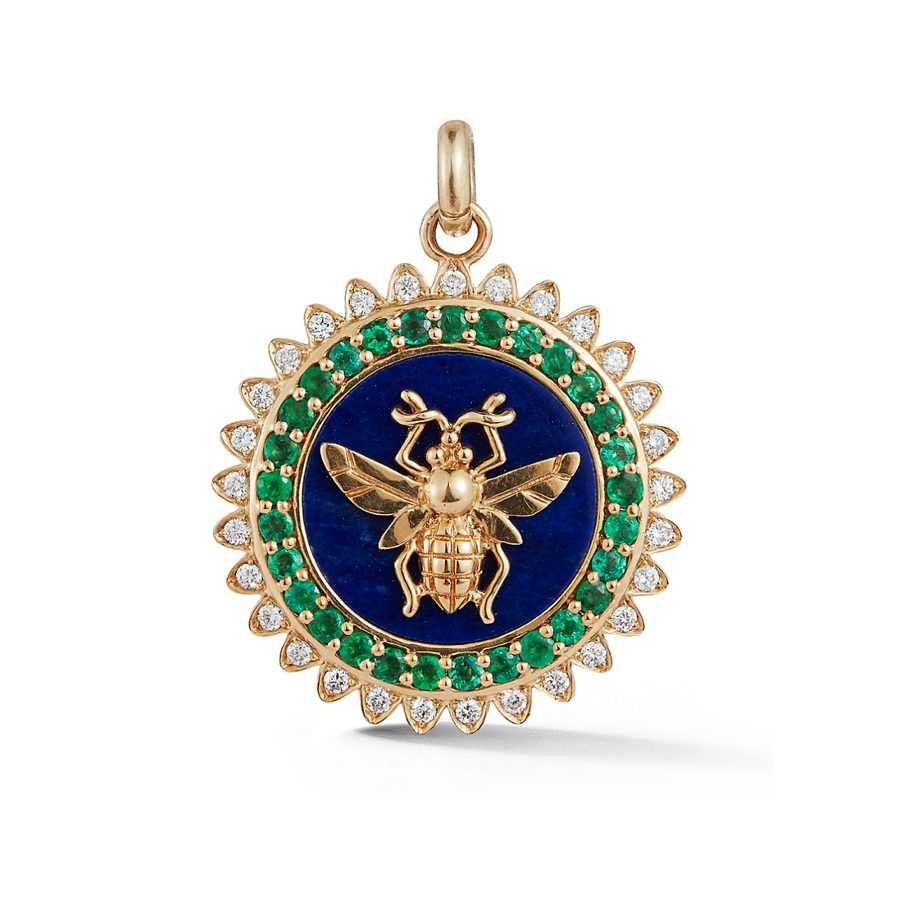 14K Gold Lapis Emerald Diamond Minnie Bee Medallion