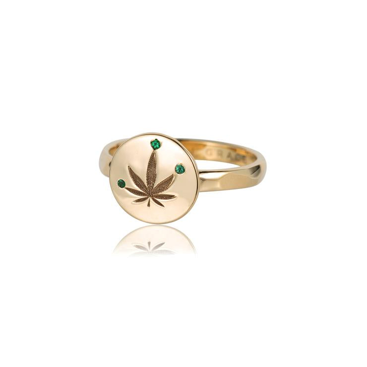 Gold & Emerald Cannabis Leaf Ring