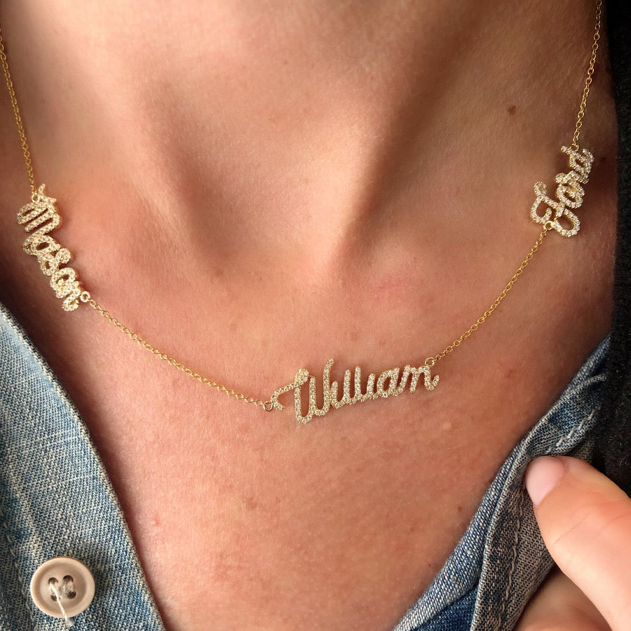 14k Gold Diamond Triple Nameplate Necklace
