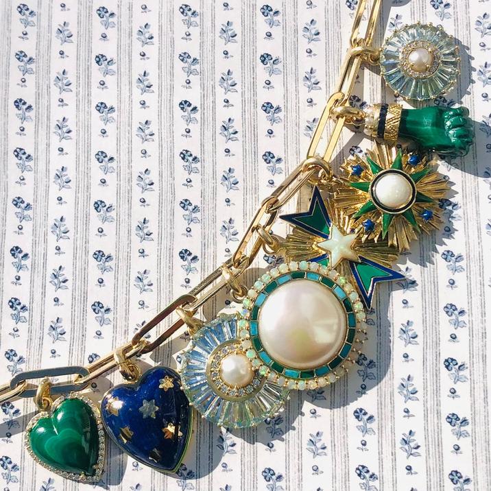 14K Gold Aquamarine Diamond & Pearl Emily Large Charm