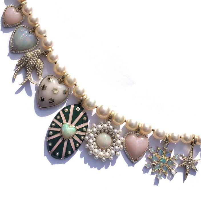 14K Gold Opal, White Pearl & Green Enamel Eleanor Charm