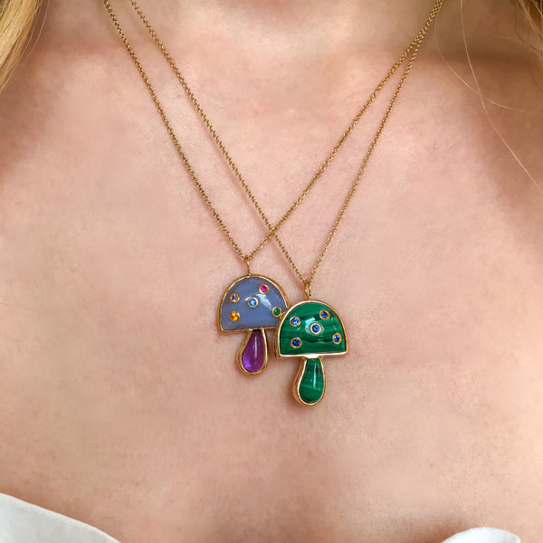 SMALL MUSHROOM NECKLACE - MALACHITE WITH BLUE SAPPHIRES