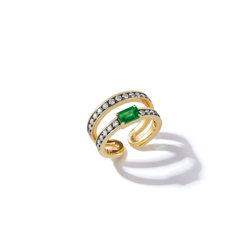 Prive Zambian Emerald and Diamond Double Band Ring