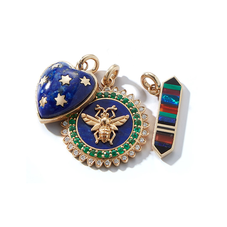 14K Gold Lapis Emerald Diamond Minnie Bee Medallion