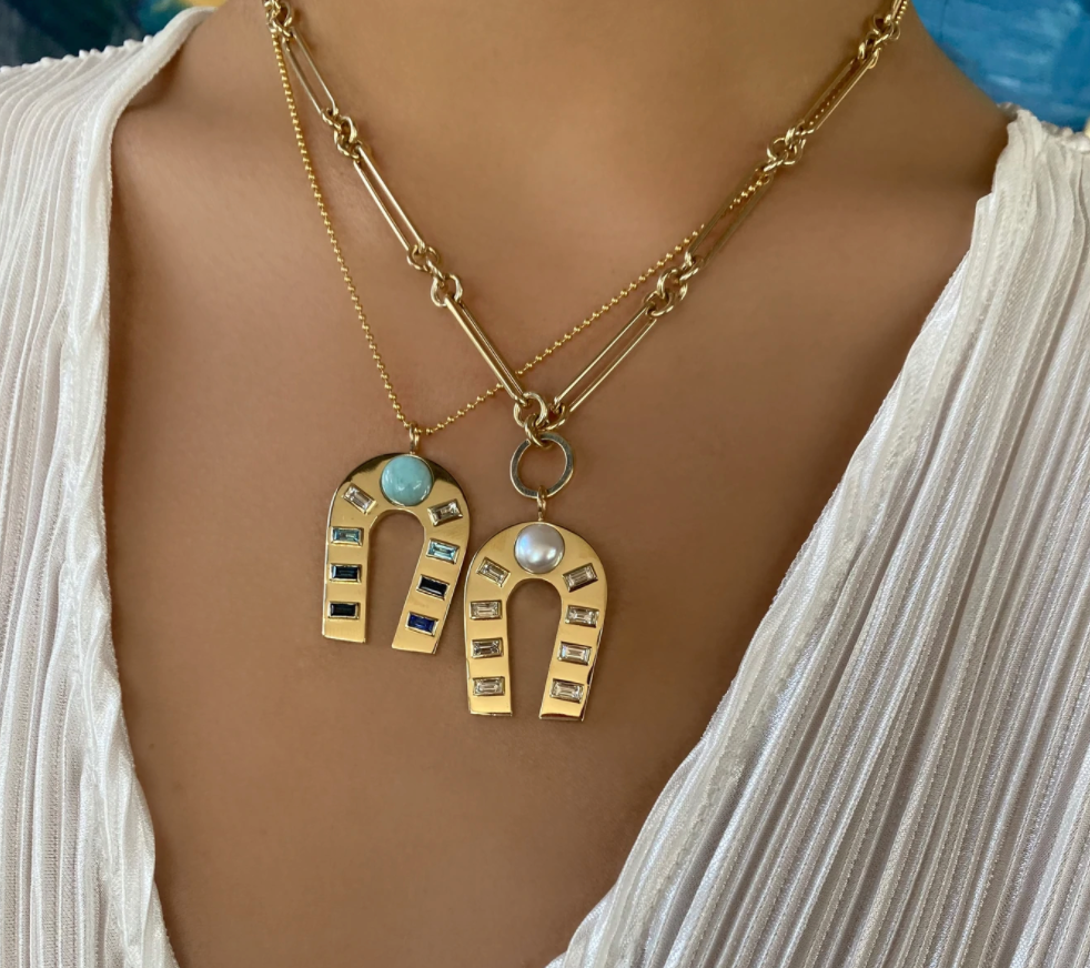 LARIMAR, SAPPHIRE, TOPAZ, AND DIAMOND HORSESHOE CHARM