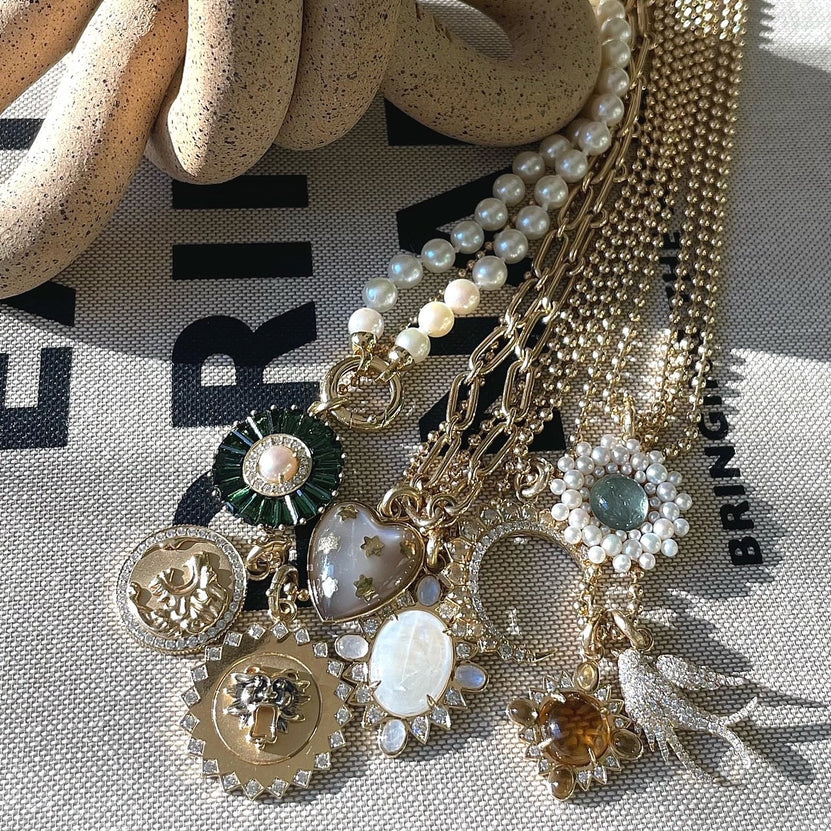 14K Gold Green Tourmaline Diamond & Pearl Emily Large Charm